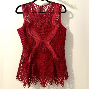 Women’s Venus geometric fringe peplum top with zip back closure sz 8 wine color